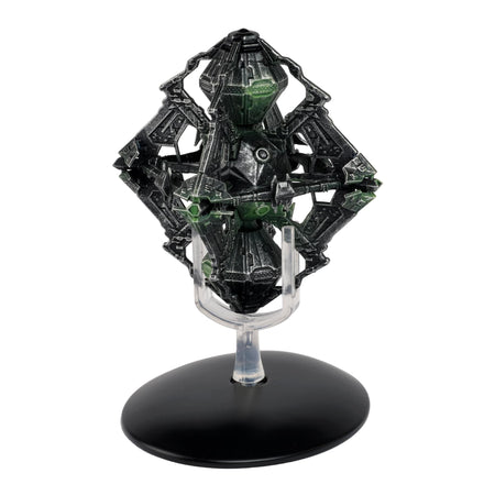 Front profile view of the Eaglemoss Borg Queen Ship die-cast model on a display stand