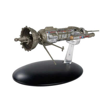 Angle view of the Star Trek Friendship One die-cast ship replica showcasing its detailed hull and array structures