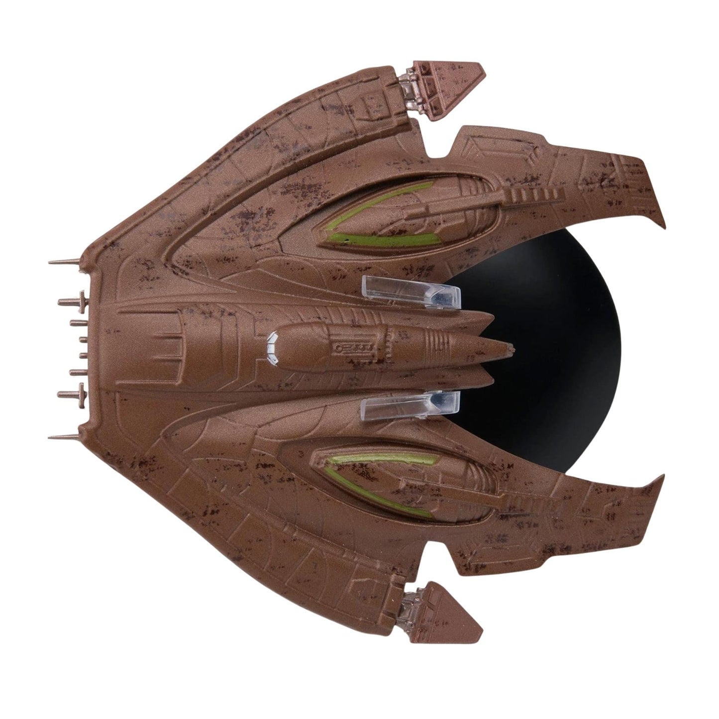 Overhead scale perspective showing the miniature starship resting securely in its display base