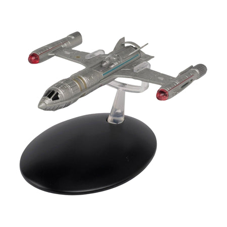 Eaglemoss Star Trek die-cast replica of the NX Alpha Prototype shown angled on its display stand