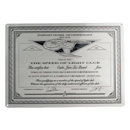 Metal plaque replica of the Speed of Light Club from Star Trek: Picard, featuring engraved text and starship bridge dedication styling