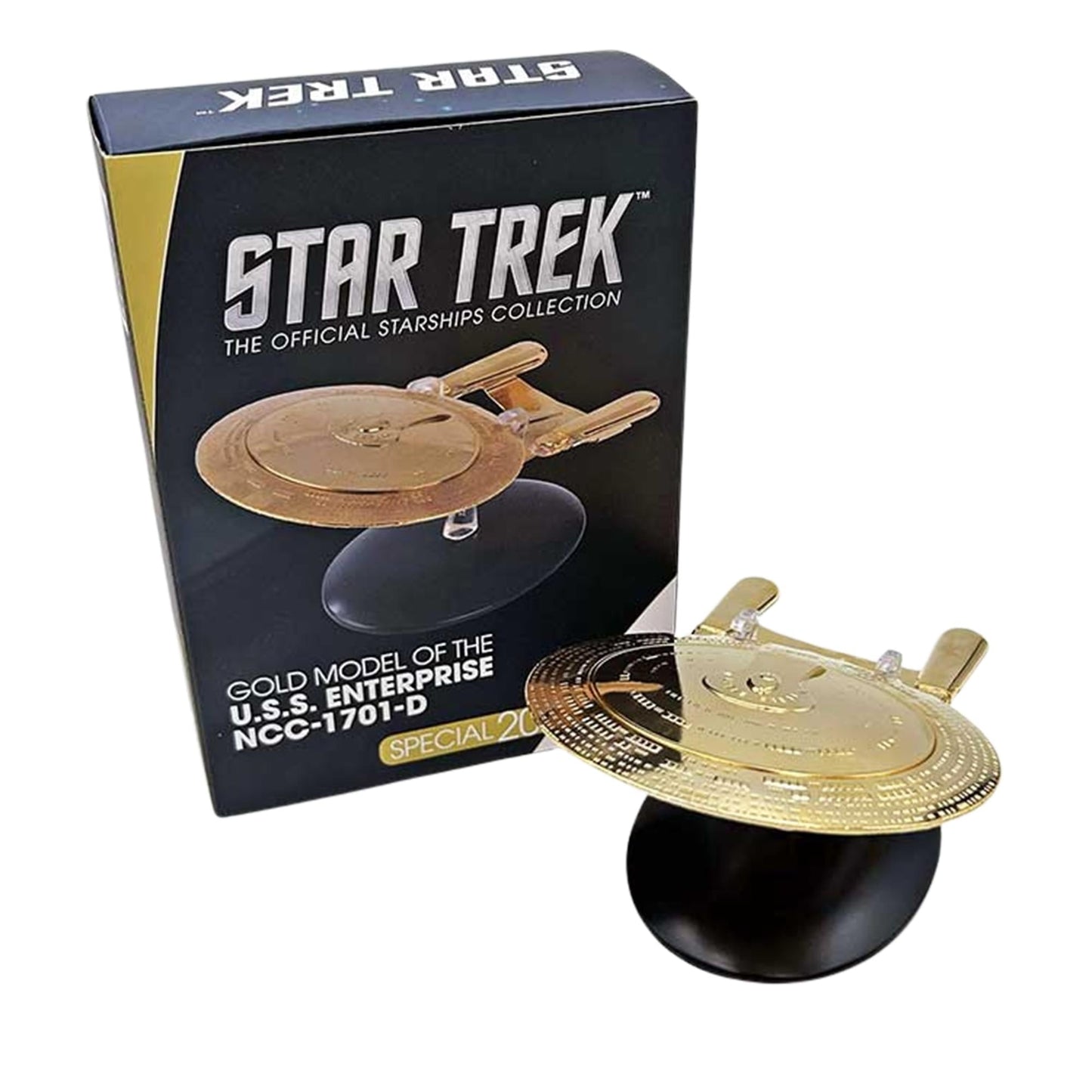 Complete collector packaging and unboxed starship replica displayed together