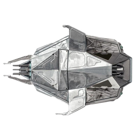 Detailed studio shot of the Star Trek starship replica showing its primary hull and hand-painted hull markings against a neutral background
