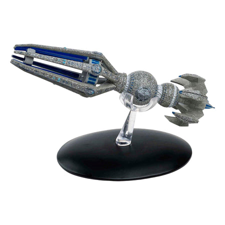 Three-quarter front view of the Krenim Temporal Weapon Ship die-cast model, showing its angular hull and weapon pylons against a neutral background