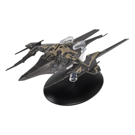 Three-quarter front view of the Eaglemoss Altamid Swarm Ship die-cast model resting on a branded Star Trek display base
