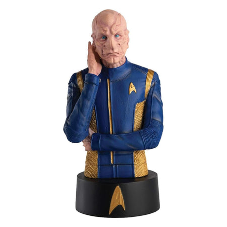 Front view of the Commander Saru bust showing the Kelpien officer in his blue and gold command-division uniform