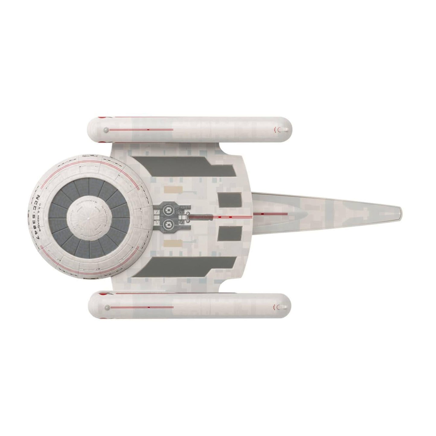 Close-up angle of the Star Trek starship replica showcasing the hand-painted registry text and metallic hull finish