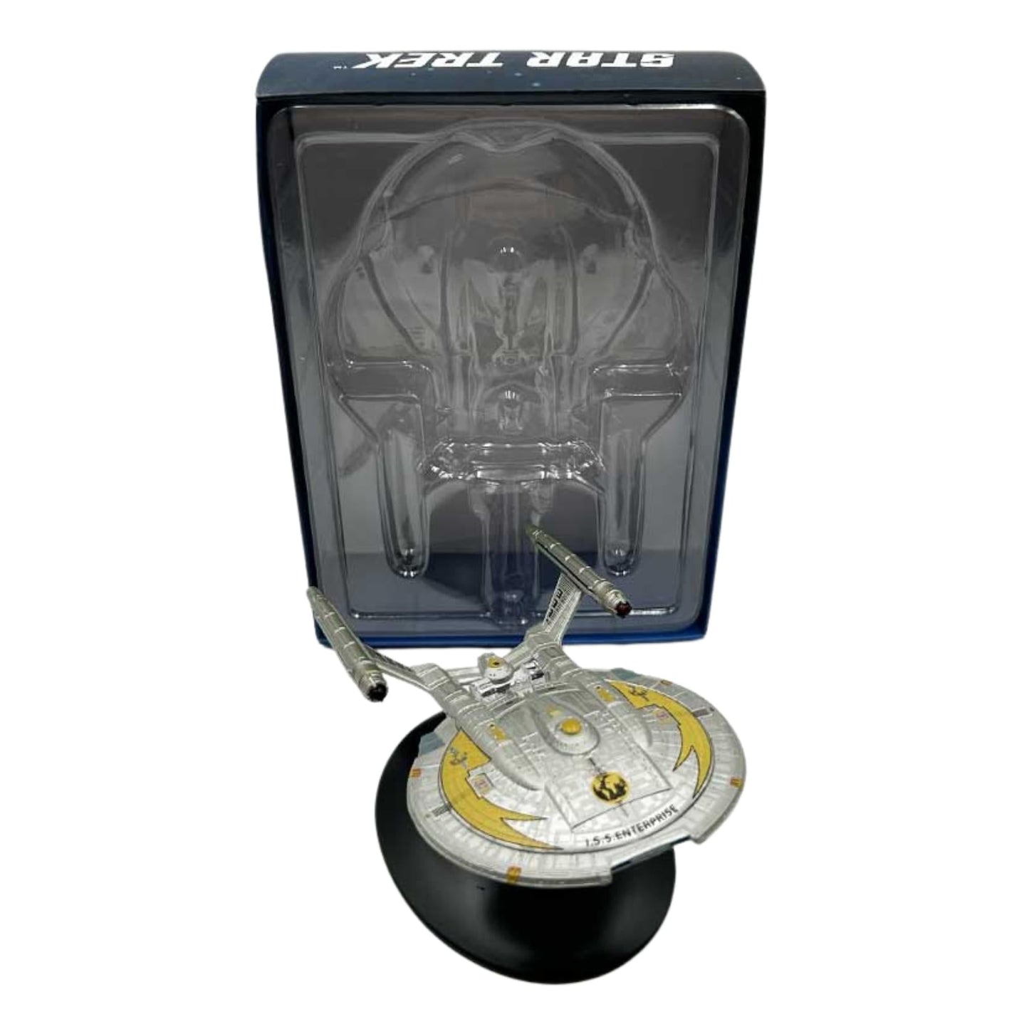 Top-down view of the Star Trek starship model highlighting its swept-back warp nacelles and sleek hull design