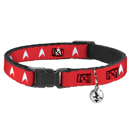Star Trek TOS Command Red cat collar with white Starfleet insignia pattern and silver bell.
