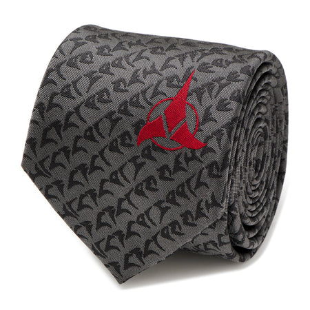 Front view of the Star Trek Klingon Gray Men's Tie showing the diagonal alphabet pattern