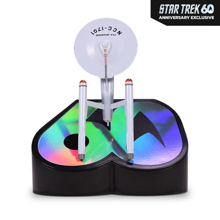 Star Trek 60th Anniversary U.S.S. Enterprise popcorn bucket viewed from a three-quarter angle showcasing detailed starship geometry.