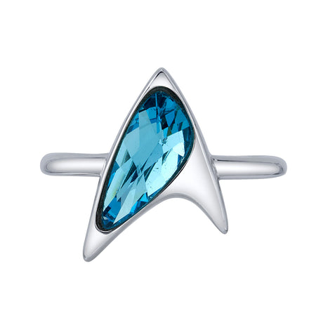 Star Trek x RockLove Blue Crystal Delta Ring top view showing blue sapphire CZ gem