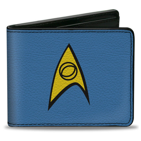 Star Trek Starfleet Sciences Insignia Bi-Fold Wallet front view showing blue and yellow design.