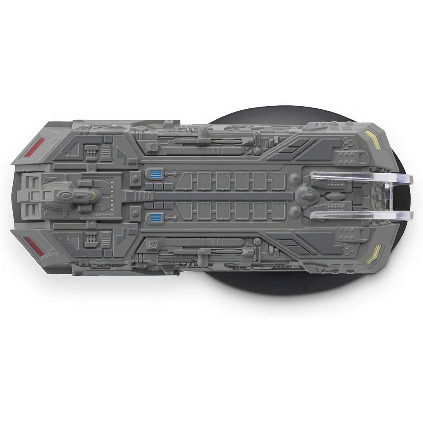 Close-up shot of the display base and forward hull section of the Star Trek Federation Holoship collectible.