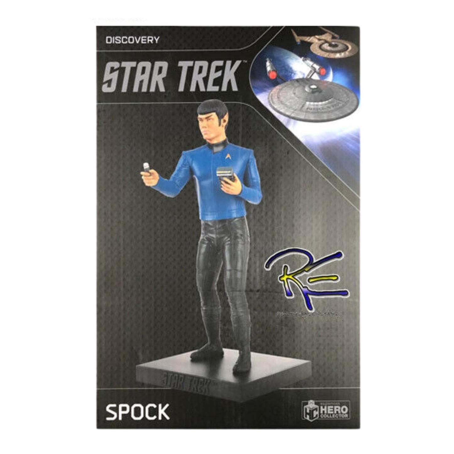 Detailed close-up of the base and Starfleet science tricorder held in Spock's hand