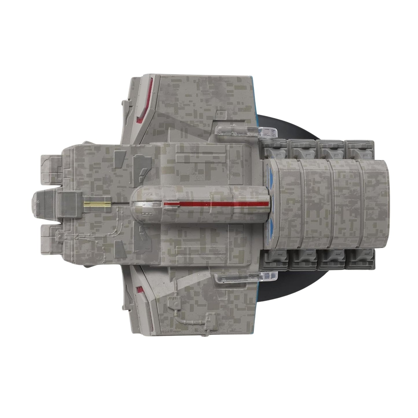 The Star Trek Dala ship replica posed on its included display stand against a starlight backdrop.