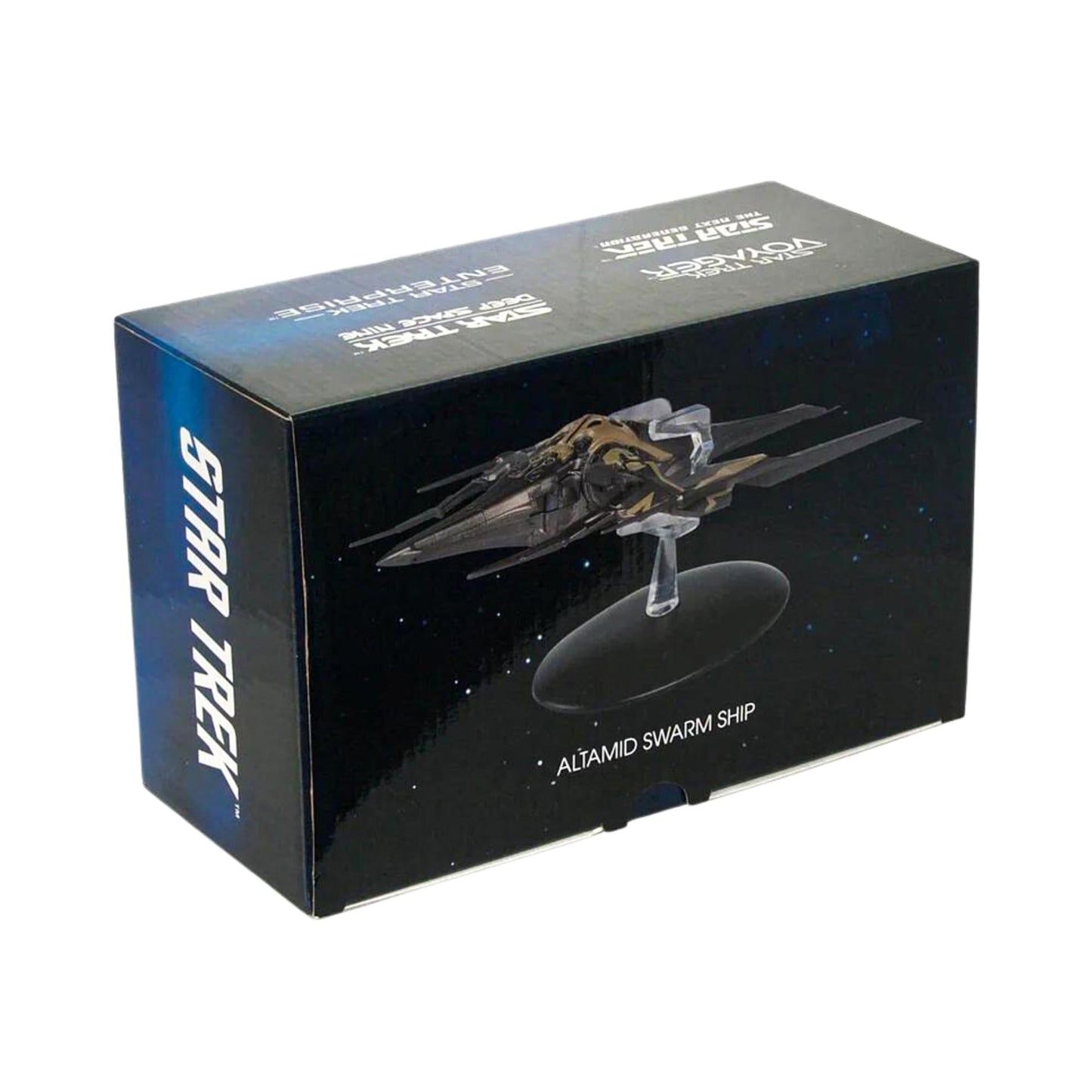 Wide environmental shot of the Altamid Swarm Ship positioned on a starlight-themed collector display shelf