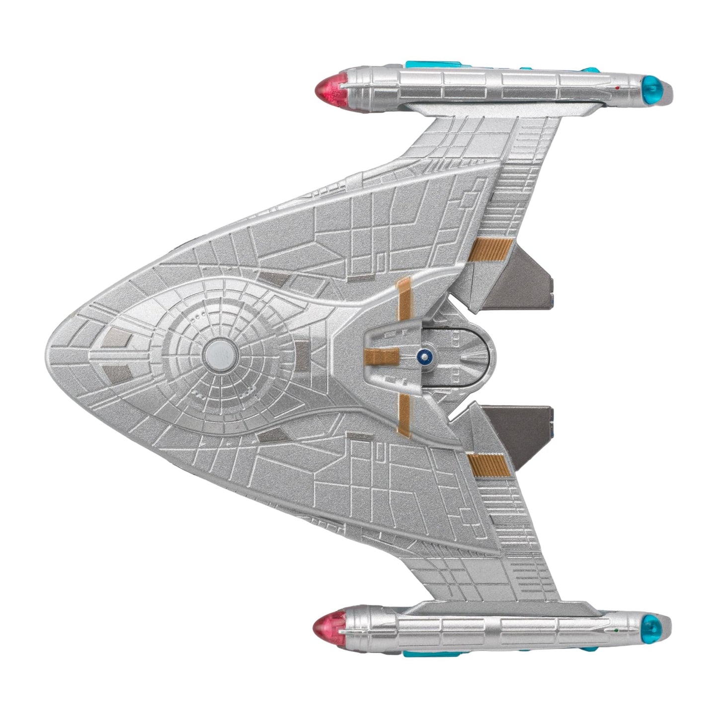 Lifestyle product shot of the S.S. Emmette starship replica displayed on a collector shelf