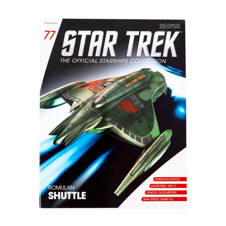 Front cover of Star Trek The Official Starships Magazine Issue #77 featuring an angled view of the Romulan shuttlecraft in flight against a starlight backdrop