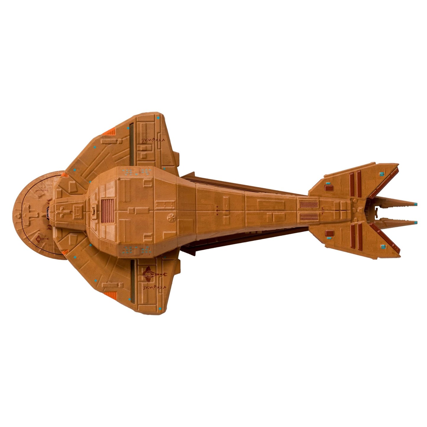 Close-up angle of the Cardassian Keldon class starship replica highlighting intricate surface hull details