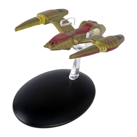 Eaglemoss Star Trek starship replica of Irina's racing ship viewed from a three-quarters front angle on a display stand