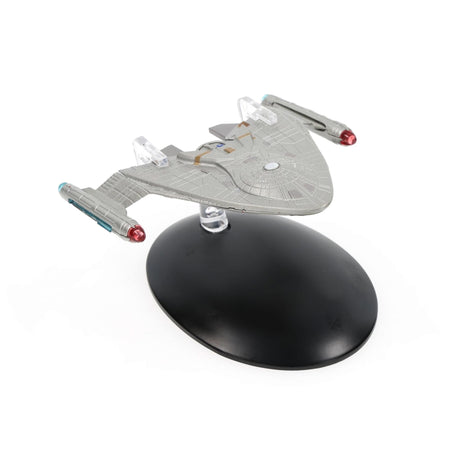 Star Trek collectible starship replica featuring the Starfleet Warp Delta, angled view