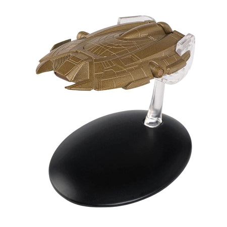Top-down angle of the 22nd-century Ferengi starship replica showing its distinctive asymmetrical hull design and hand-painted metallic finish