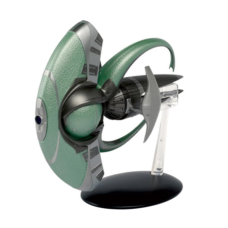 Angle view of the Eaglemoss Star Trek Spock's Jellyfish die-cast starship replica on a stand