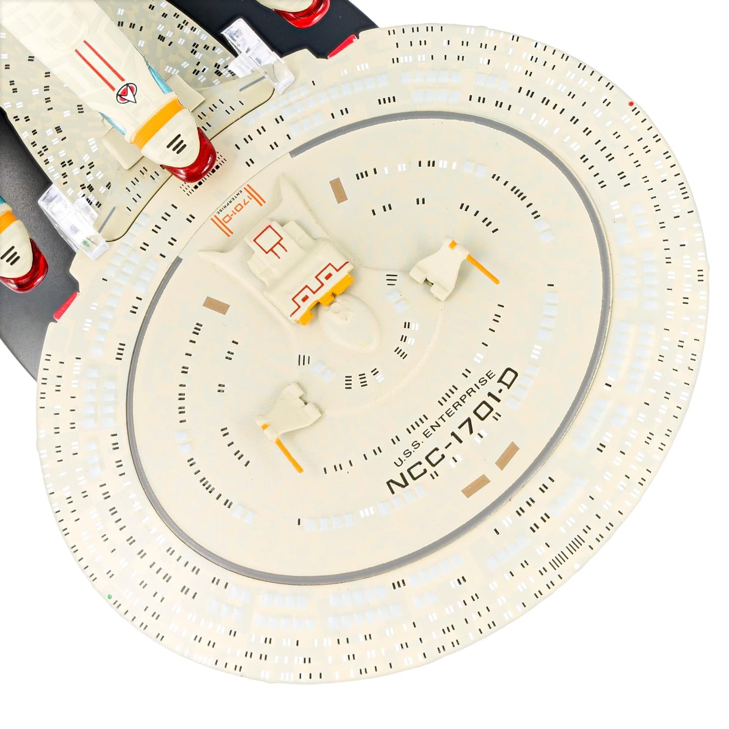 Angled action shot of the USS Enterprise Dreadnought model showcasing its complete silhouette on display
