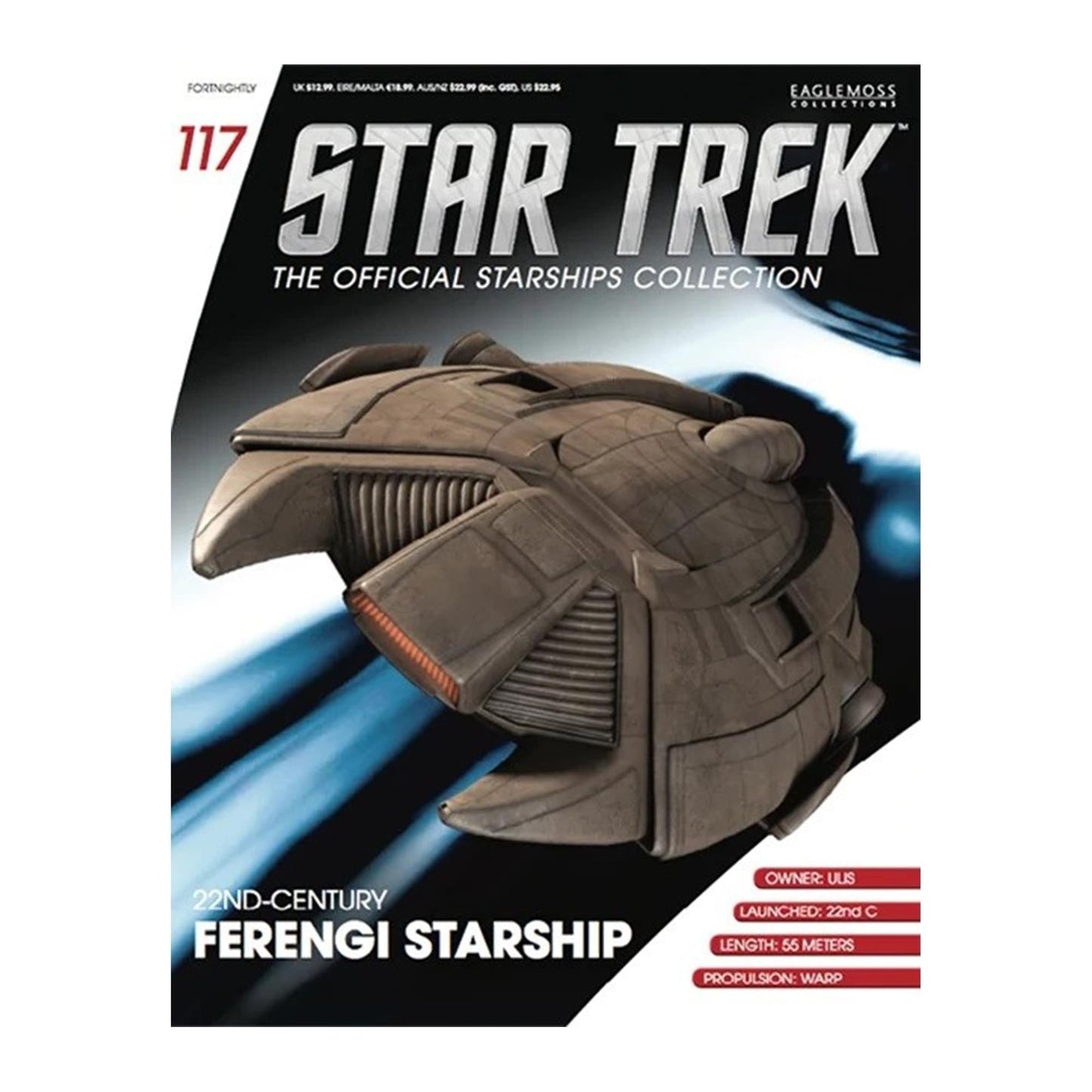 Front cover of the Star Trek: The Official Starships magazine featuring an angled view of the 22nd century Ferengi ship in flight