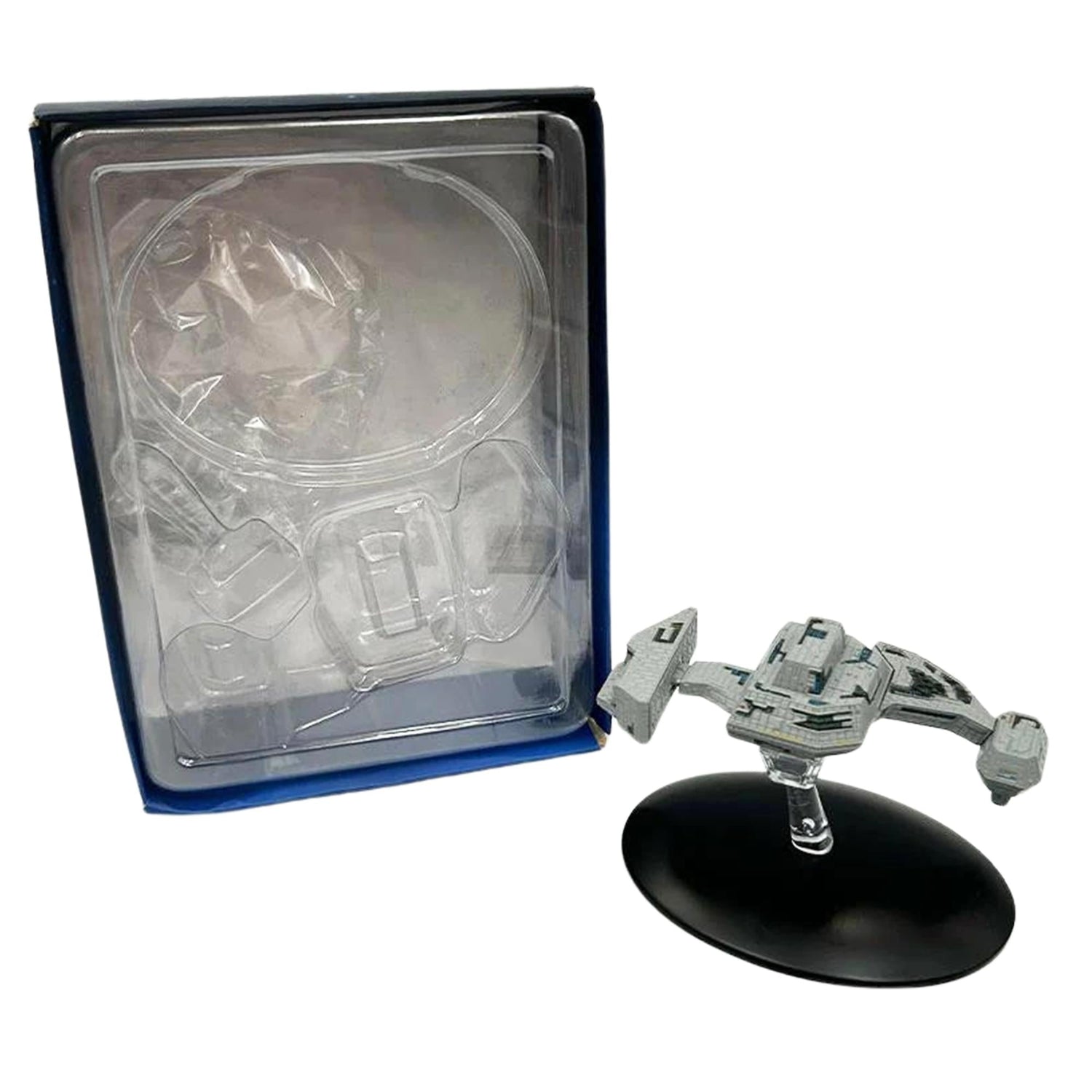 Full perspective view of the boxed Eaglemoss Star Trek Renegade Borg Ship replica ready for display.