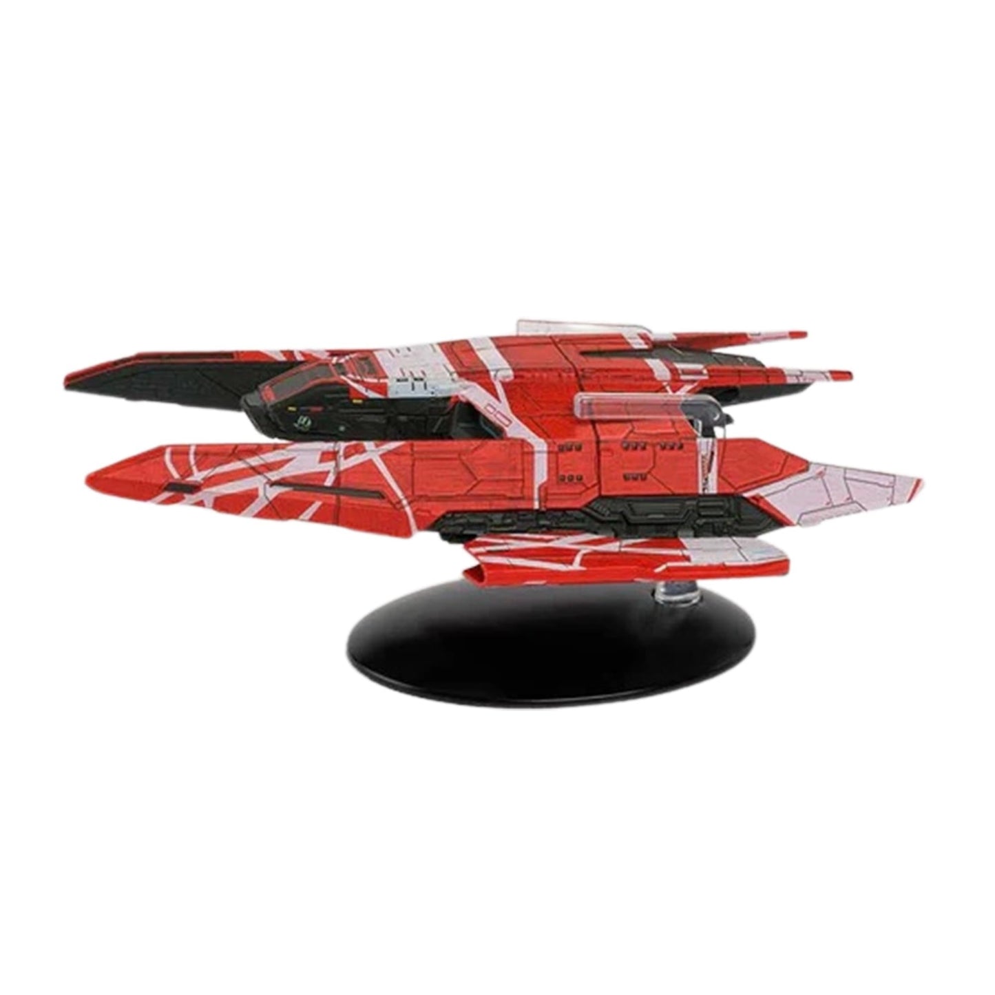 Angled profile of the La Sirena starship resting securely on its branded display base