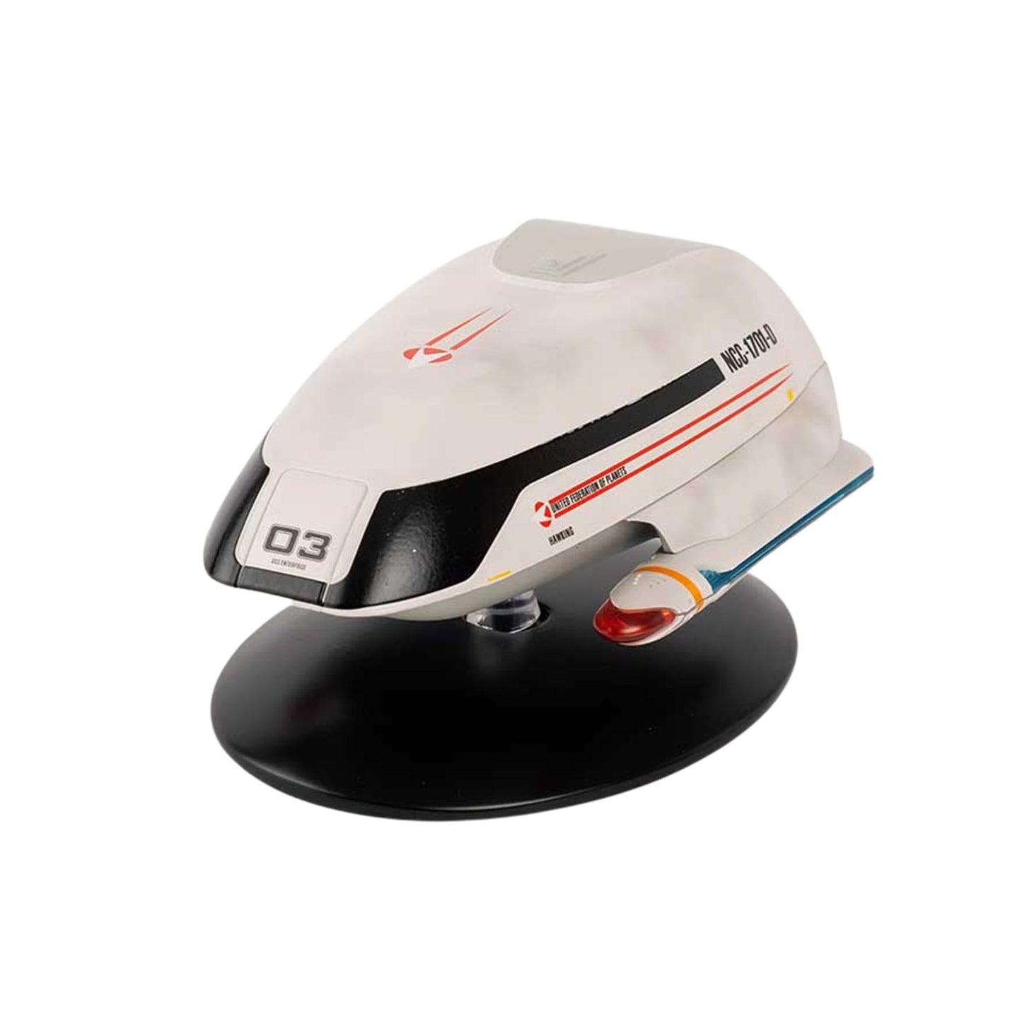 Rear view of the starship model displaying impulse engine detailing and shuttle bay docking configuration