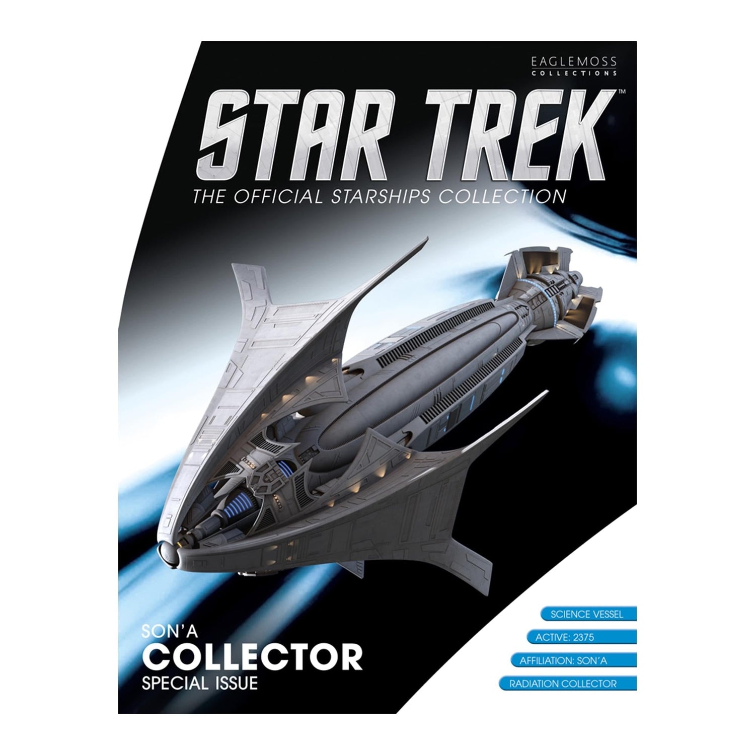 Angle perspective shot of the Son'A starship replica posed against a starlight background