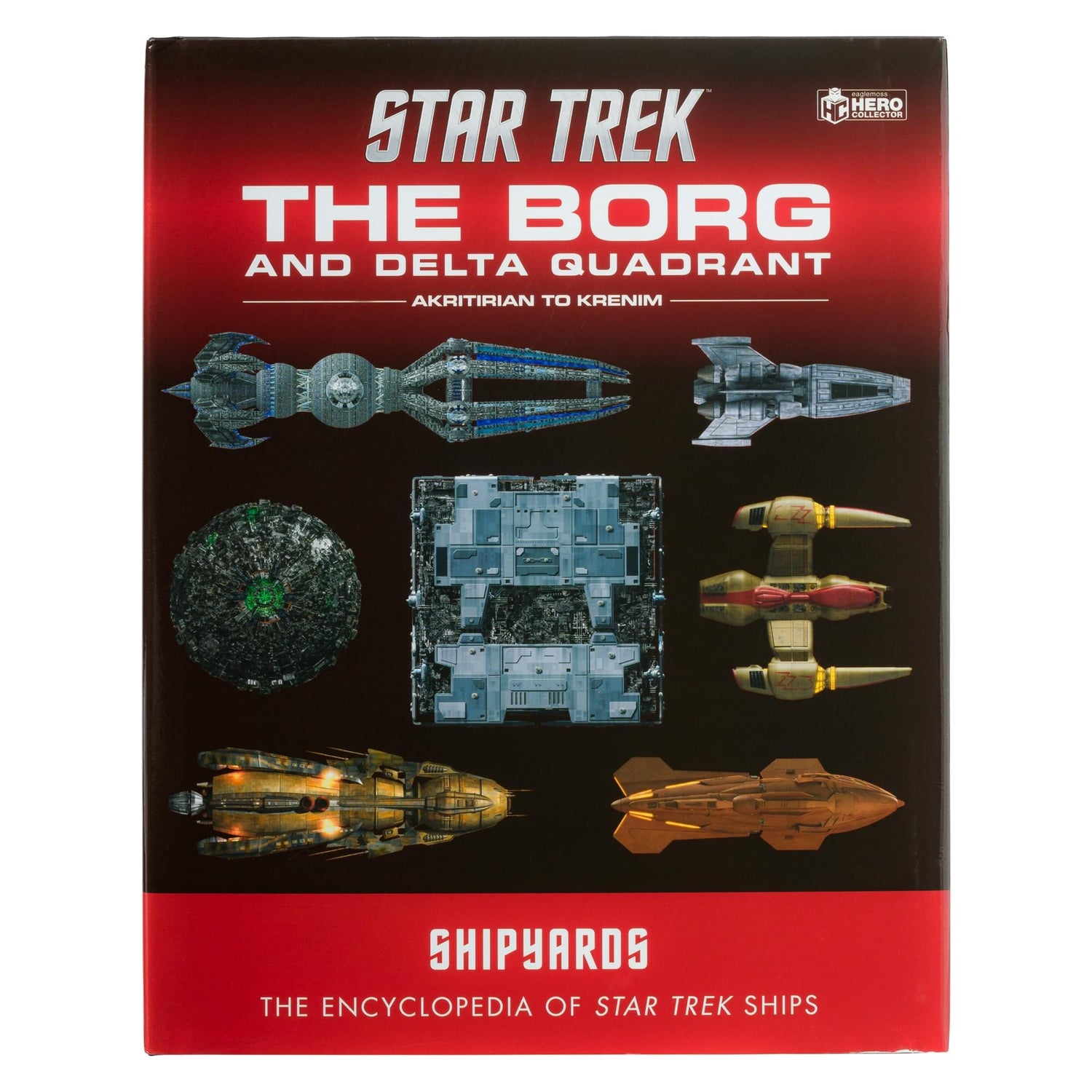 Front cover of Star Trek Shipyards The Borg and the Delta Quadrant Vol 1 book featuring a Borg Cube graphic against a green starlight background