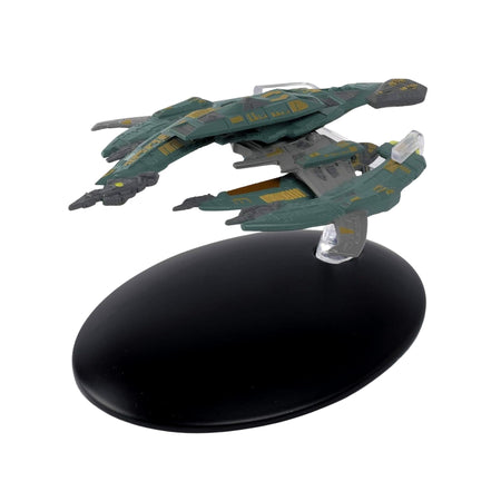 Three-quarter front view of the die-cast Breen warship starship model on a display stand