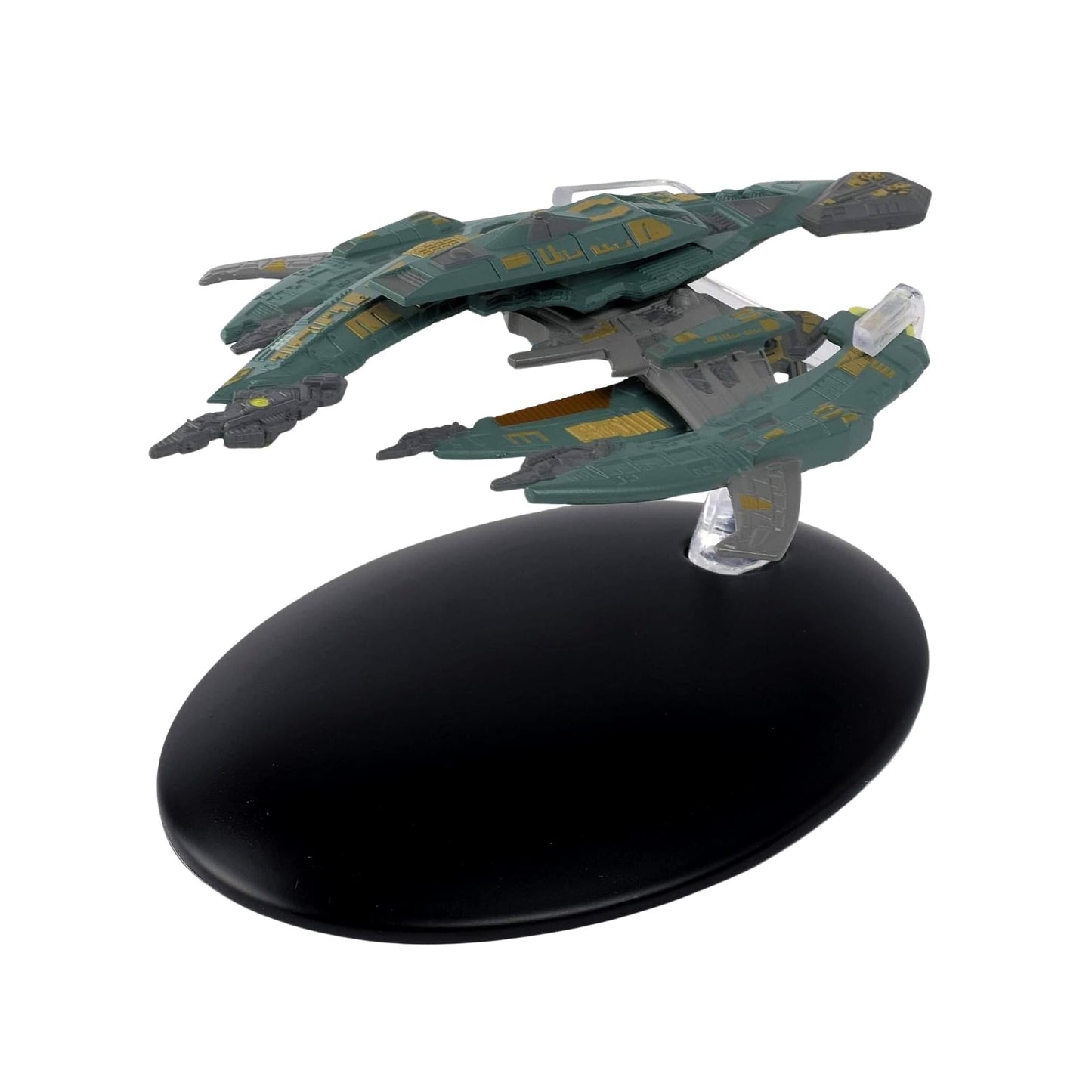 Three-quarter front view of the die-cast Breen warship starship model on a display stand