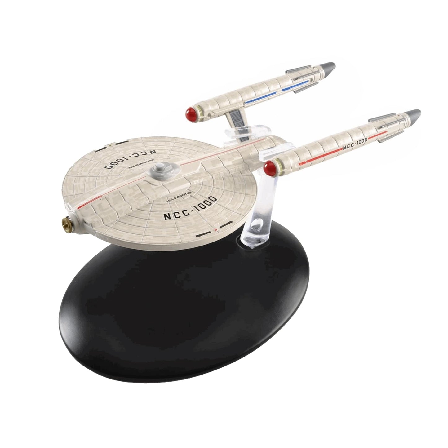 Die-cast Star Trek U.S.S. Bonaventure NCC-1000 starship model viewed from the front quarter, showing its historic saucer section and hull design