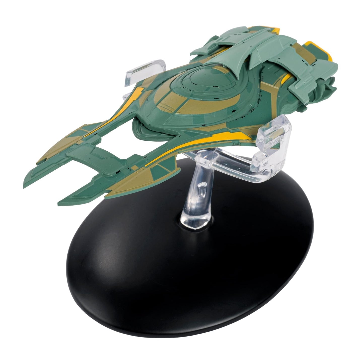 Profile view of the die-cast Xindi Humanoid ship model resting on a display stand against a neutral background