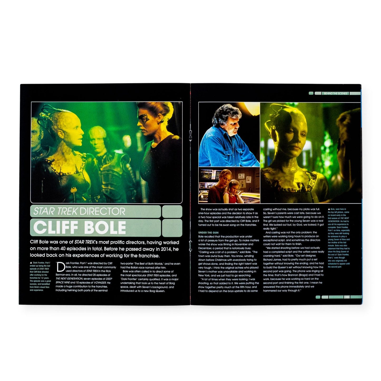 Interior spread of the magazine displaying full-color illustrations and technical schematics of the Borg Probe starship