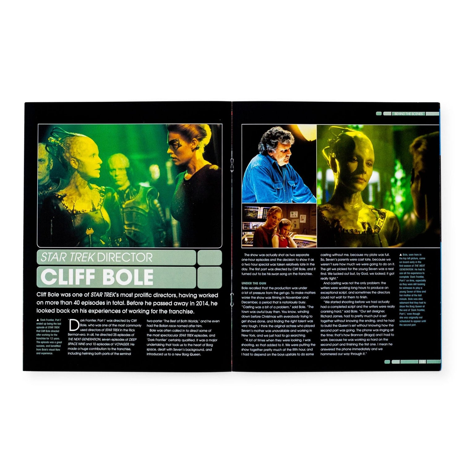 Interior spread of the magazine displaying full-color illustrations and technical schematics of the Borg Probe starship