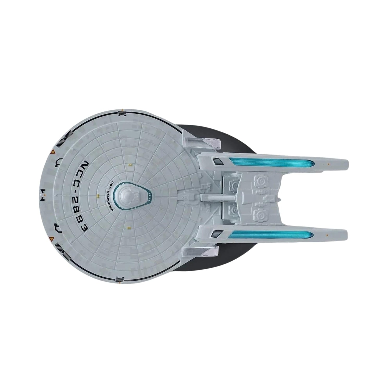 Profile side view of the U.S.S. Stargazer model displaying its distinctive configuration and registry details