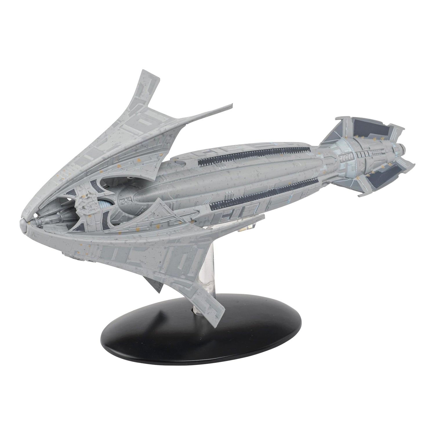 Die-cast model of the Son'A starship viewed from the front quarter angle, showcasing its sleek elongated hull and weapon arrays