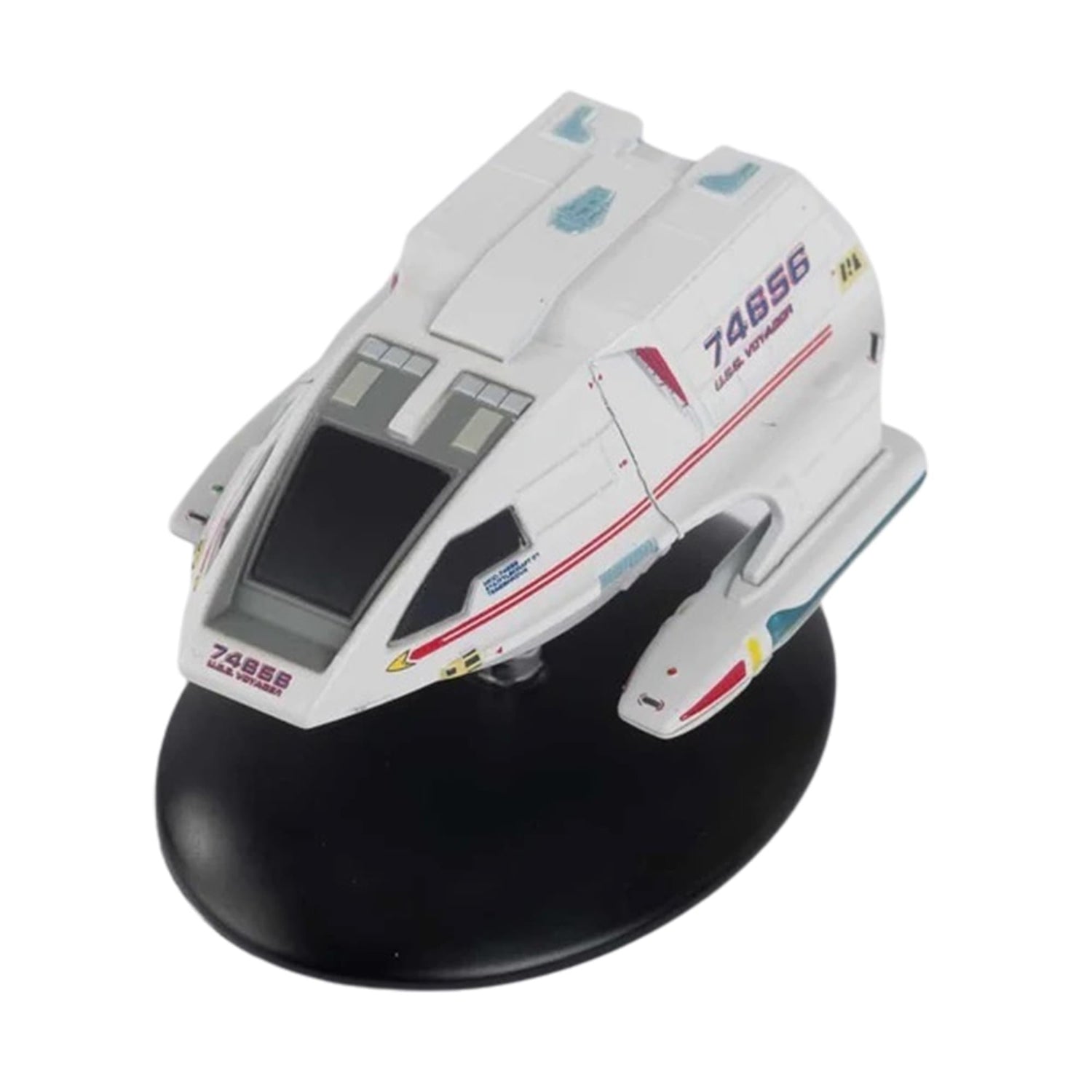 Overhead view of multiple miniature shuttlecraft models arranged together to showcase scale and design variety