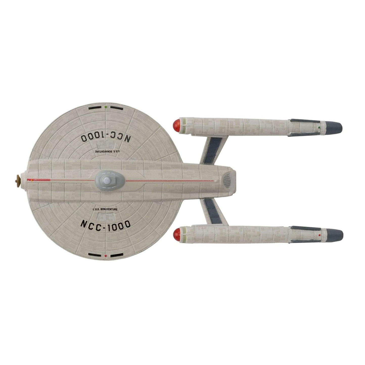 Rear profile of the Star Trek die-cast U.S.S. Bonaventure model displaying warp nacelles and Starfleet engineering sections