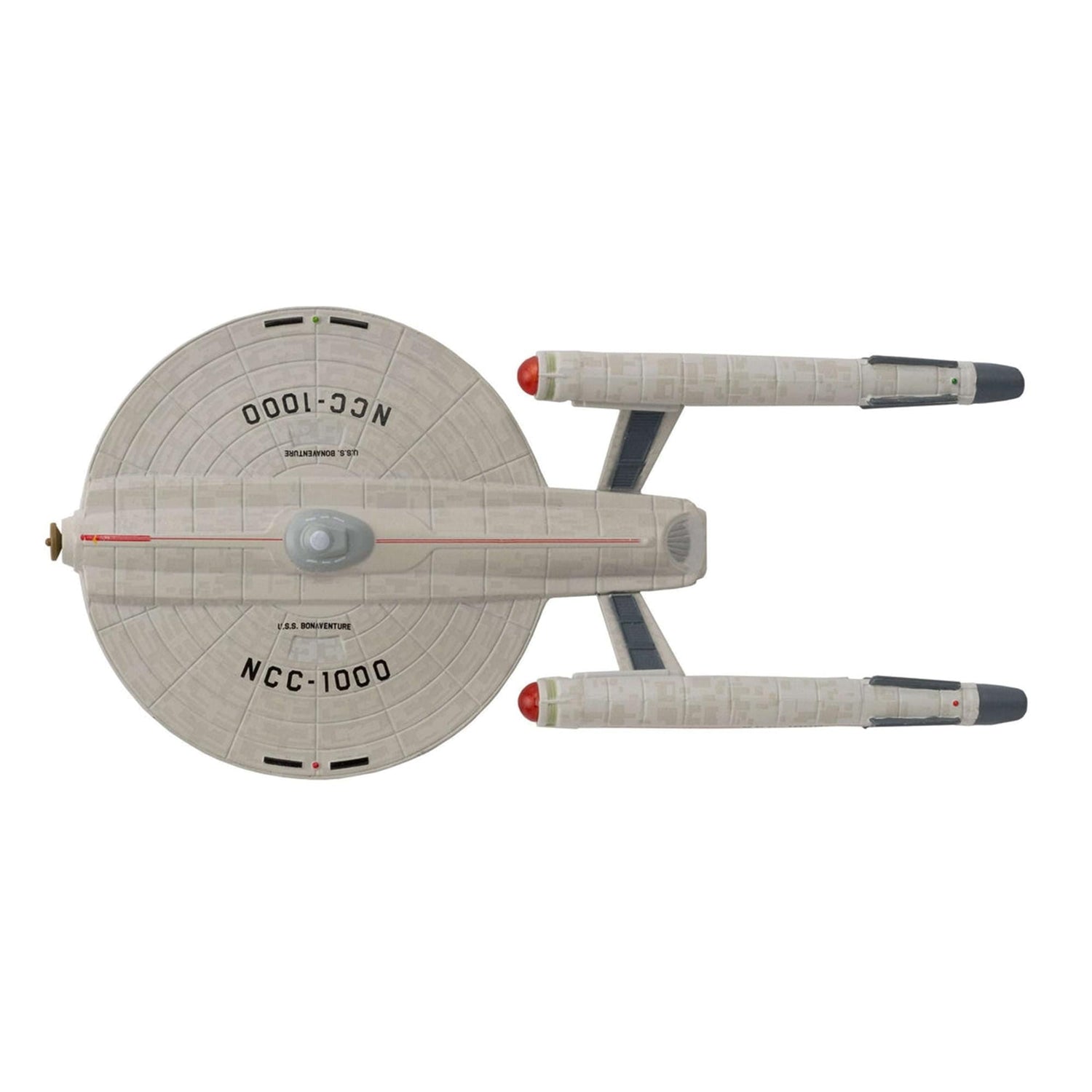 Rear profile of the Star Trek die-cast U.S.S. Bonaventure model displaying warp nacelles and Starfleet engineering sections