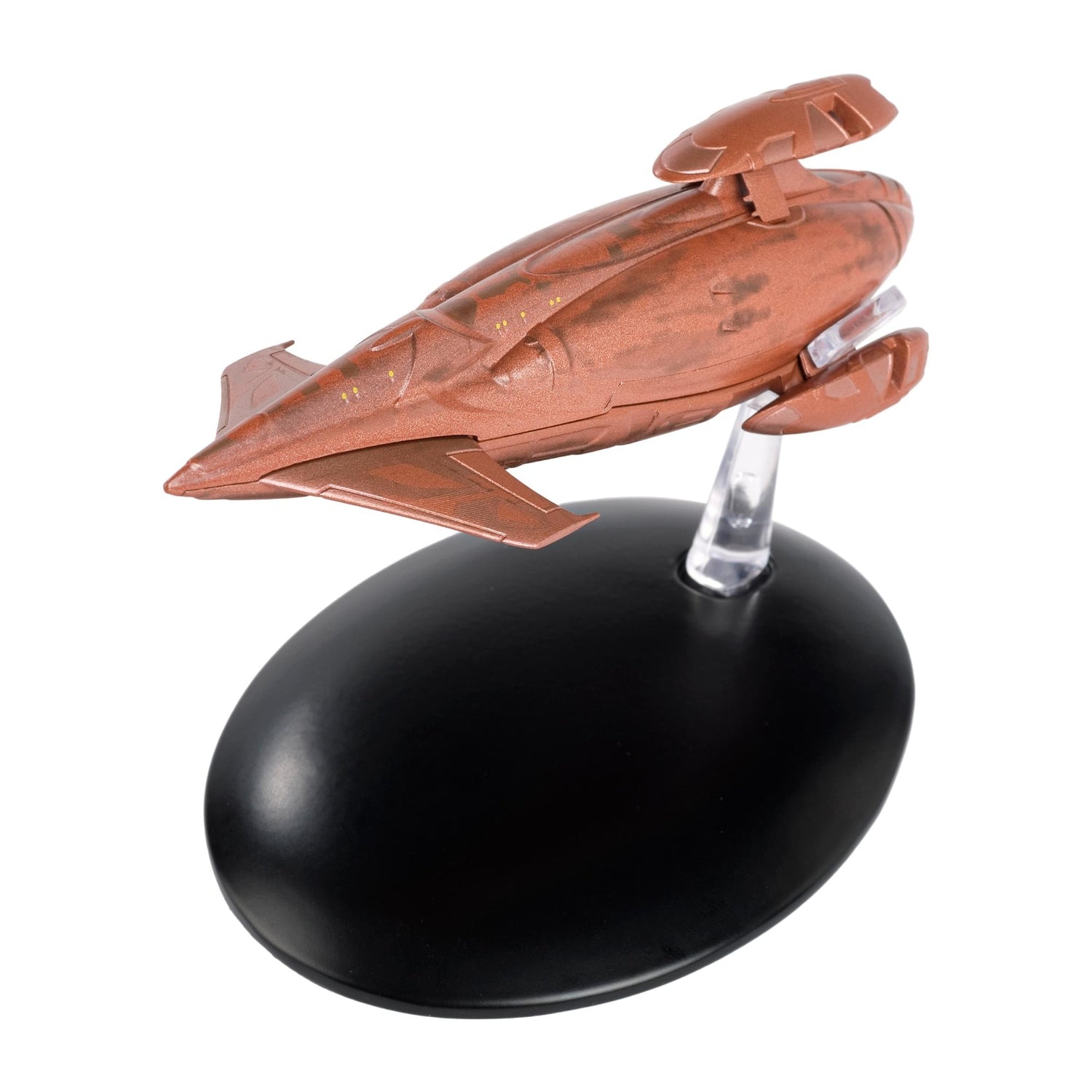 Front quartering view of the Vulcan Dvahl starship replica, showcasing its forward command section and warp nacelles