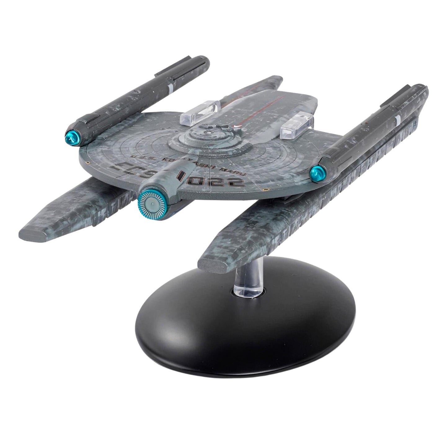 Three-quarter front view of the Eaglemoss Kobayashi Maru die-cast starship replica on a stand