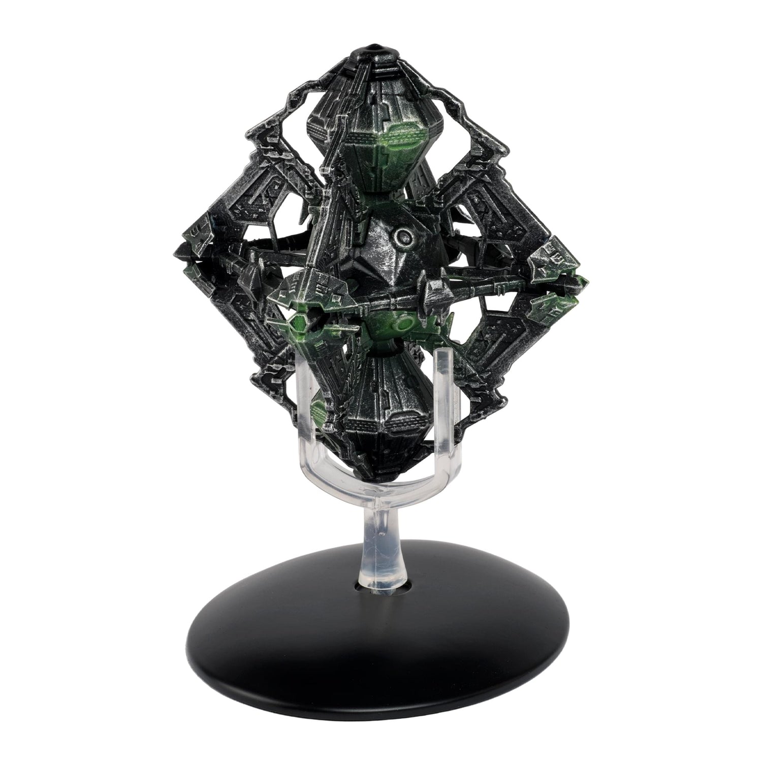 Front profile view of the Eaglemoss Borg Queen Ship die-cast model on a display stand