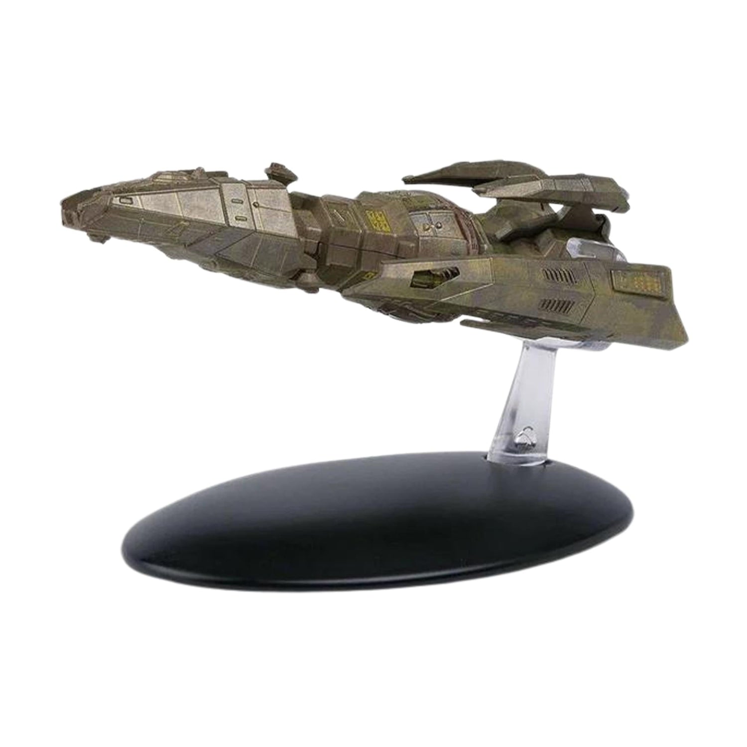 Side profile of the Hirogen Hunter starship displaying its formidable length and specialized sensor arrays